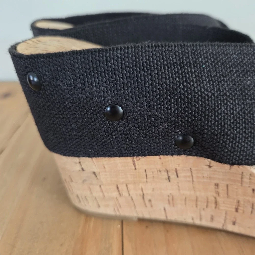 Lucky Brand Valmai Platform Wedge Cork Sandal Black Linen Thick Strap Sz‎ 8.5